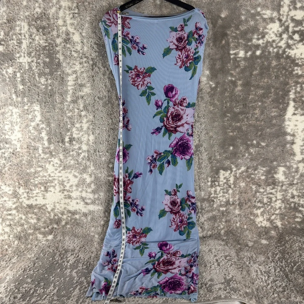 Free People Size‎ Sp Floral Mesh Ruched Maxi Dress Blue Sleeveless Women
